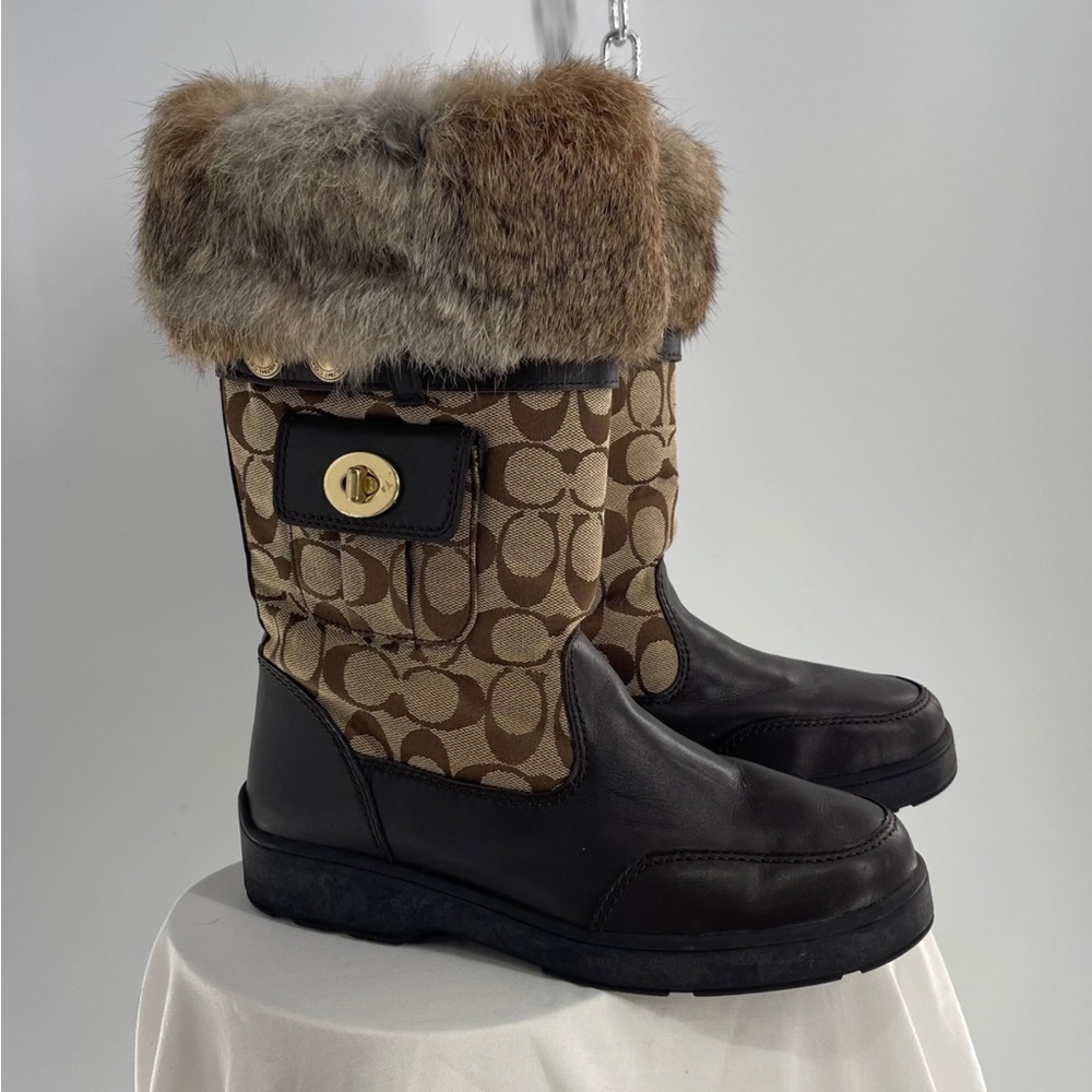 Coach Kimberly Vintage Genuine Rabbit Fur Trim Winter Boots with Coach Logo